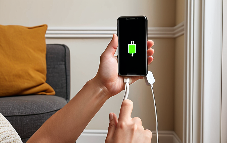 ** A hand carefully plugging a smartphone into a power outlet with a timer, showcasing mindful charging habits. Focus on creating a warm, inviting scene, possibly a cozy living room setting, subtly highlighting the importance of avoiding overnight charging to prolong battery life.
**