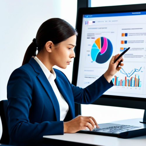 A highly focused professional woman, dressed in a modest, contemporary business suit, is seated at a sleek, minimalist desk in a bright, modern open-plan office. On her computer screen, various news headlines and data visualizations are displayed, indicating research and critical analysis. She holds a stylus, thoughtfully interacting with a tablet. Perfect anatomy, correct proportions, natural pose, well-formed hands, proper finger count, natural body proportions. Professional studio lighting, high-resolution, sharp focus, vibrant colors, safe for work, appropriate content, fully clothed, professional.