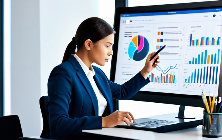 A highly focused professional woman, dressed in a modest, contemporary business suit, is seated at a sleek, minimalist desk in a bright, modern open-plan office. On her computer screen, various news headlines and data visualizations are displayed, indicating research and critical analysis. She holds a stylus, thoughtfully interacting with a tablet. Perfect anatomy, correct proportions, natural pose, well-formed hands, proper finger count, natural body proportions. Professional studio lighting, high-resolution, sharp focus, vibrant colors, safe for work, appropriate content, fully clothed, professional.