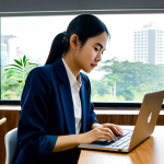 **

A young Vietnamese woman, a software engineer, working on her laptop at a modern co-working space in Ho Chi Minh City. She is fully clothed in a professional, modest outfit – perhaps a blouse and tailored trousers. The background includes other professionals, plants, and large windows with city views.  Safe for work, appropriate content, professional setting, perfect anatomy, natural proportions, high quality.

**
