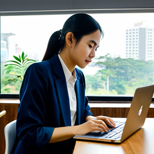 **

A young Vietnamese woman, a software engineer, working on her laptop at a modern co-working space in Ho Chi Minh City. She is fully clothed in a professional, modest outfit – perhaps a blouse and tailored trousers. The background includes other professionals, plants, and large windows with city views.  Safe for work, appropriate content, professional setting, perfect anatomy, natural proportions, high quality.

**