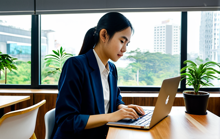**

A young Vietnamese woman, a software engineer, working on her laptop at a modern co-working space in Ho Chi Minh City. She is fully clothed in a professional, modest outfit – perhaps a blouse and tailored trousers. The background includes other professionals, plants, and large windows with city views.  Safe for work, appropriate content, professional setting, perfect anatomy, natural proportions, high quality.

**