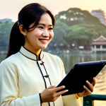 **

A professional businesswoman in Hanoi, Vietnam, wearing a traditional Áo dài in a subtle cream color, standing in front of the Hoan Kiem Lake at sunrise. She is holding a modern tablet and smiling confidently. Fully clothed, appropriate attire, safe for work, perfect anatomy, correct proportions, professional photography, high quality, modest, family-friendly. The background should feature the iconic Turtle Tower and a soft, warm light.

**