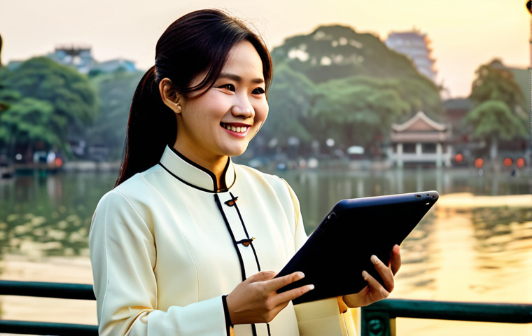 **

A professional businesswoman in Hanoi, Vietnam, wearing a traditional Áo dài in a subtle cream color, standing in front of the Hoan Kiem Lake at sunrise. She is holding a modern tablet and smiling confidently. Fully clothed, appropriate attire, safe for work, perfect anatomy, correct proportions, professional photography, high quality, modest, family-friendly. The background should feature the iconic Turtle Tower and a soft, warm light.

**