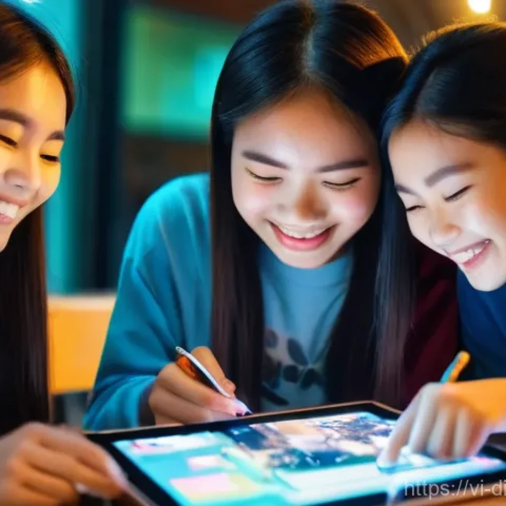 청소년을 위한 디지털 현명함 교육법 - **Vibrant Digital Exploration of Vietnamese Youth:**
    "A group of diverse Vietnamese teenagers, a...