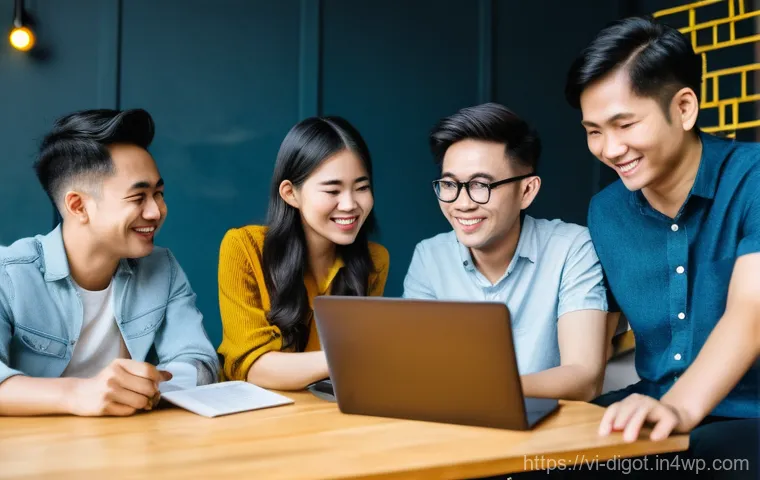 디지털 시대의 직업 윤리와 책임 - **Prompt:** A vibrant group of three Vietnamese young adults, two women and one man, are enjoying a ...