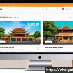 Home 17 디지털 플랫폼의 경쟁력 분석 - A vibrant digital marketplace interface inspired by Vietnamese e-commerce platforms like Tiki and Sh...
