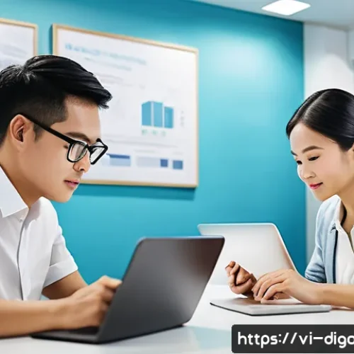 Home 28 디지털 현명함을 위한 글로벌 사례 비교 - A modern Vietnamese small business office scene showing diverse employees collaborating on digital d...