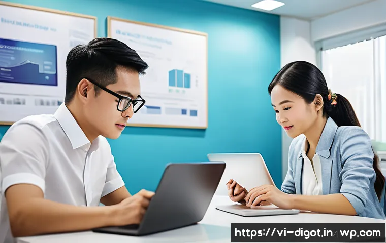 디지털 현명함을 위한 글로벌 사례 비교 - A modern Vietnamese small business office scene showing diverse employees collaborating on digital d...