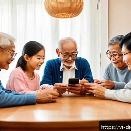 Home 15 디지털 사회에서의 세대 간 갈등 해결 - A warm, detailed scene in a Vietnamese multigenerational family home showing three generations—Baby ...